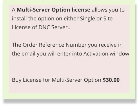 A Multi-Server Option license allows you to install the option on either Single or Site License of DNC Server..  The Order Reference Number you receive in the email you will enter into Activation window   Buy License for Multi-Server Option $30.00